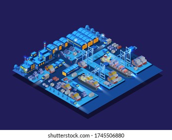 The marina port embankment ship boat factories, warehouses industry night, neon, purple 3D of urban isometric buildings. Conceptual residential town illustration of vector design graphics.