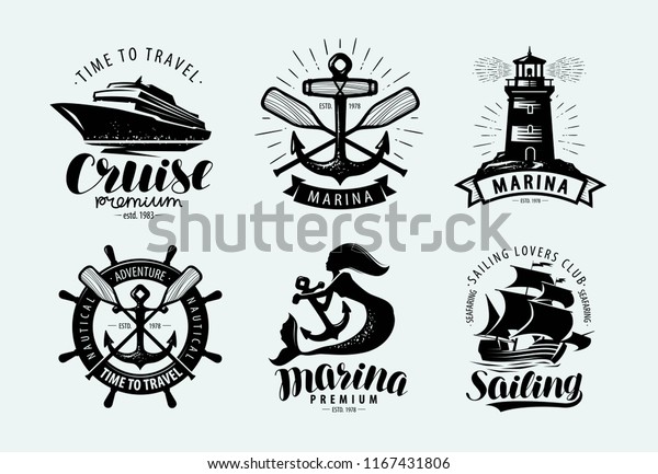 Marina, sailing, cruise logo or label. Marine\
themes, set of emblems.\
Vector