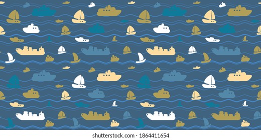 Marina style seamless vector pattern with boats, yachts and sea waves