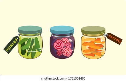 Marinade jars.Autumn harvesting. Pickles,carrots with spices and radish slices in a glass bowl with a colored lid.Canned food, labels. Vector flat doodle illustration for cafe menu,website