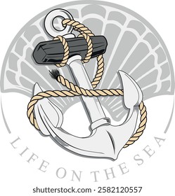 marinara illustration with an anchor tied by a rope and in the background a shell, under the inscription life on the sea.