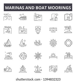 Marinas and boat moorings line icon signs. Linear vector outline illustration set concept.