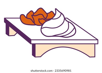 Marinated ginger slices on portable wooden table. Isolated tasty Japanese meal and addition to rolls and maki. Asian food and cuisine, types of sushi. Restaurant menu assortment. Vector in flat style