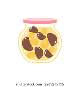 Marinated mushrooms in a glass jar. Cute cartoon print in pastel colors. Vector element isolated on a white background