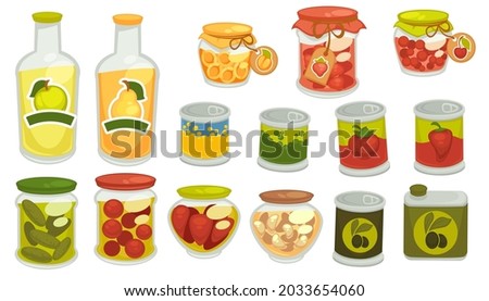 Marinated vegetables, pickled veggies in cans, tomatoes and cucumbers, garlic and olives, pepper and sweet peach or apricot. Juice of apples and pears, dieting and nutrition. Vector in flat style