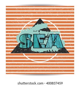 marine abstract poster. hand drawn sea waves decoration on striped background. 