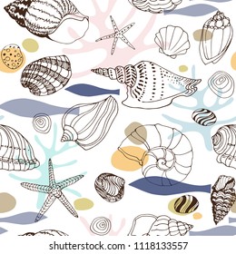 Marine abstract seamless pattern with hand drawn seashells, starfish