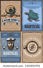 Marine adventure, navigation in water and underwater world. Vector helmet and sea turtle, captain sailor and compass. Diving and ocean animals, anchor and smoking pipe, geographical orientation tool