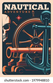 Marine adventure pirates poster with skull, helm, cannon and anchor with glowing star. Vector vintage card with jolly roger and sailing equipment. Nautical seafaring retro design with skeleton head