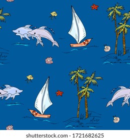 Marine, adventure seamless pattern. Sea background, dolphins, ship, island with palm trees. For fabric, print, wallpaper, children's clothing.