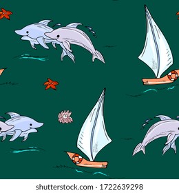 Marine, adventure seamless pattern. Sea background, dolphins, ship. For fabric, print, wallpaper, children's clothing.