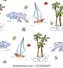 Marítimo, aventura sin fisuras. Fondo marino, delfines, barco, isla con palmeras. Para tela, impresión, papel pintado, ropa para niños.