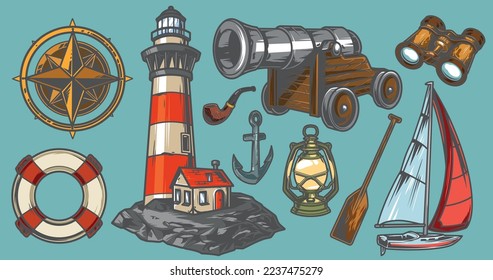 Marine adventure set colorful labels with coastal lighthouse and old naval cannon near binoculars and wooden compos vector illustration