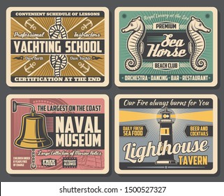 Marine adventure, yachting school, beach club, naval museum and lighthouse tavern. Vector nautical sport club, maritime transport, gold deck bell and sea relics