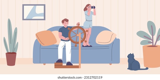 Marine adventures children game at home. Girl looking through binocular, boy at the helm and cute cat playing in living room, vector scene