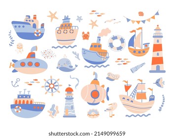 Marine adventures set. Cute whale and funny crab, sailor team objects. Kids ship, sailboat and submarine, childish sea party nowaday vector collection