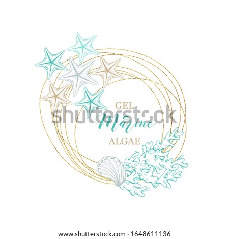 Marine and algae seaweeds cosmetic package vector premium hand drawn design. Golden foil wreath frame with sketch corals, seashell and starfish for water collagen cream, skincare gel or moisturizer