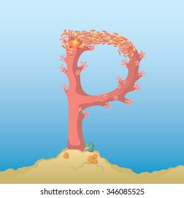 Marine alphabet. Illustration of a letter P under water