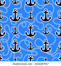Marine anchor icon Seamless pattern. Black anchor isolated on abstract waves of blue water background.