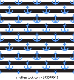 Marine anchor icon. Seamless pattern. Blue isolated on white and black striped background.