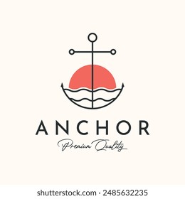 diseño minimalista de la ilustración del logotipo del arte de la línea del ancla marina, diseño del Vector del ancla del barco con el diseño del símbolo de la naturaleza del sol