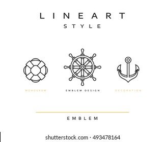 Marine anchor in linear style. Emblem nautical theme for the restaurant. The anchor, the ships wheel, life buoy, vector illustration of design element