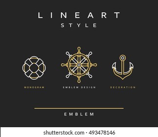 Marine anchor in linear style. Marine anchor in linear style vector illustration of design element. Emblem nautical theme for the restaurant. The anchor, the ships wheel, life buoy.