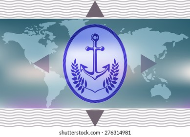 Marine anchor symbolic image. Element ship framed by laurel leaves on the background of an unfolded map of the world.