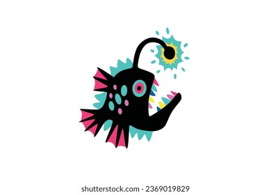 Marine animal cartoon character: isolated colorful Angler fish on a white background 