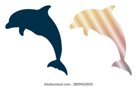 Marine animal dolphin design set featuring flat dark blue solid silhouette plus gradient orange textured graphic isolated on white background perfect for aquatic lifestyle projects.