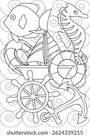 Marine Animal Fantasy Line Art Coloring Page, Black and white line art illustration featuring a whimsical collection of marine animals like a fish and seahorse, combined with nautical elements such