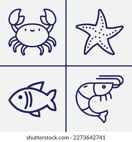 Marine animal icon. Fish, starfish, crabs and prawns. Good for restaurants, sea, fishery etc