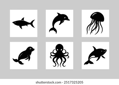 Ilustración de conjunto de iconos de animales marinos.