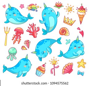 Marine animal kawaii character baby fairytale unicorn narwhal. Swimming colorful blue funny cute horn anime whale vector cartoon clipart