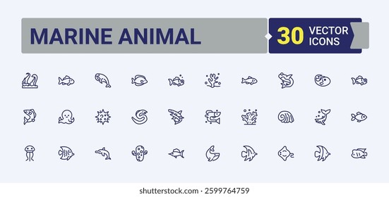 Marine Animal line icon. Contains related to animals, fish, aquarium, underwater, water and more. Underwater Animal icon set. Outline icons. Outline and solid pictogram.