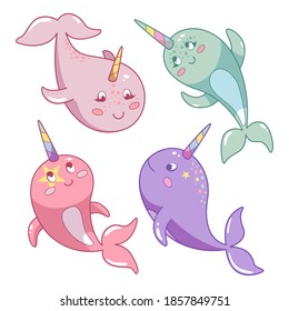 Marine animal narval, character baby fairytale unicorn narwhal. Cute cartoon narwhal seamless. Narvals diferent color on white background. Vector illustration