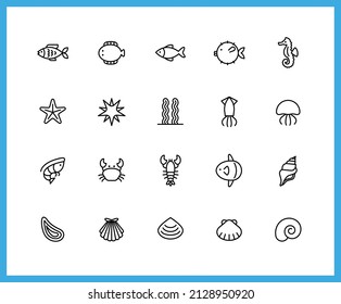 marine animal and Seafood color icons. Set of Fish, Ocean symbols drawn with thin contour lines. Vector illustration.
