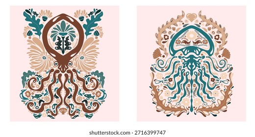 Conjunto de animales marinos. Patrón de estilo Folk, simétrico, detallado, elemento de Vector. Rústico, estilo escandinavo, pintura popular.