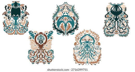 Conjunto de animales marinos. Patrón de estilo Folk, simétrico, detallado, elemento de Vector. Rústico, estilo escandinavo, pintura popular.