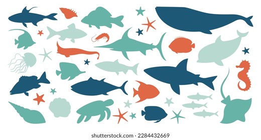 Siluetas de animales marinos con iconos planos. Mundo submarino. El paisaje marino. Biodiversidad. Formas abstractas de tiburón, flounder, pez estrella, concha y caballito de mar. Ilustraciones aisladas de color