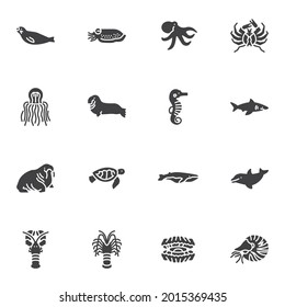 Marine animal vector icons set, modern solid symbol collection, filled style pictogram pack. Signs, logo illustration. Set includes icons as shark fish, sea turtle, dolphin, walrus octopus, jellyfish