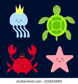 marine animal vector set. crab, starfish, jellyfish, turtle