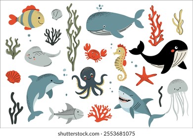Marine animals and algae. Water inhabitants. Fishes, crab, octopus, shark. Flat cartoon underwater sea life