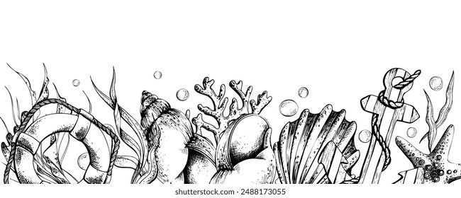 Marine animals with an anchor, a lifebuoy and a steering wheel. Illustration of graphic line art in black and white, hand drawn. Horizontal board for decoration and design.