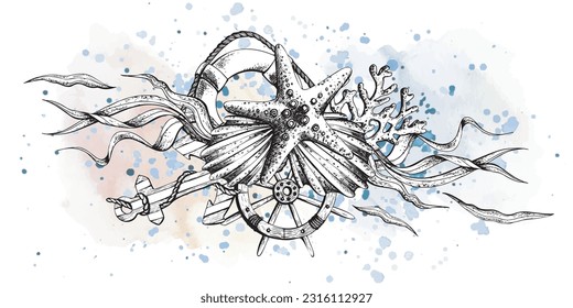 Marine animals with anchor, rudder and lifebuoy. Illustration of hand drawn graphics, vector in EPS format. Composition isolated on white background