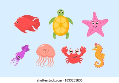 Marine animals and aquatic plants. Underwater creature set vector isolated. Set of funny ocean animals isolated on a white background. Sea creatures. Funny cartoon character. Vector illustration.