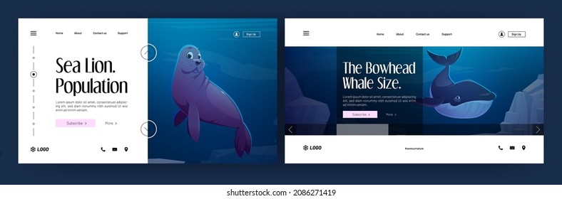 Marine animals banner. Sea lion population and bowhead whale size landing pages. Vector website of ocean mammals with cartoon illustration of seal and whale swim underwater