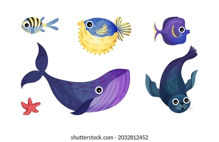 Marine Animals with Blowfish and Whale Vector Set