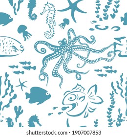 Marine animals blue seamless pattern. Vector illustration