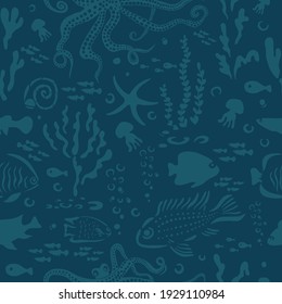 Marine animals blue seamless pattern. Vector illustration